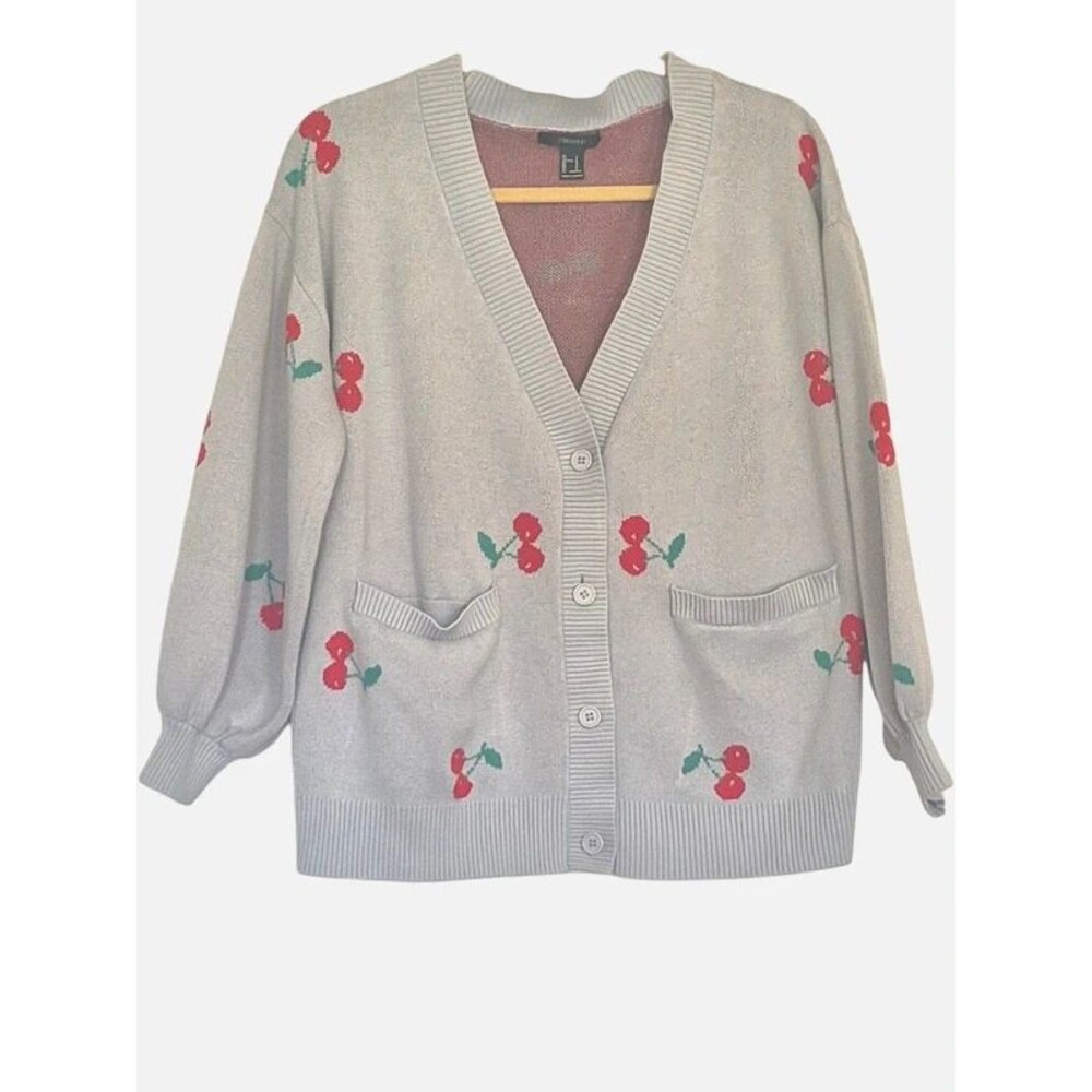 Forever 21 Cherry Print Cardigan Sweater Gray Red Coquette Y2K Sz S